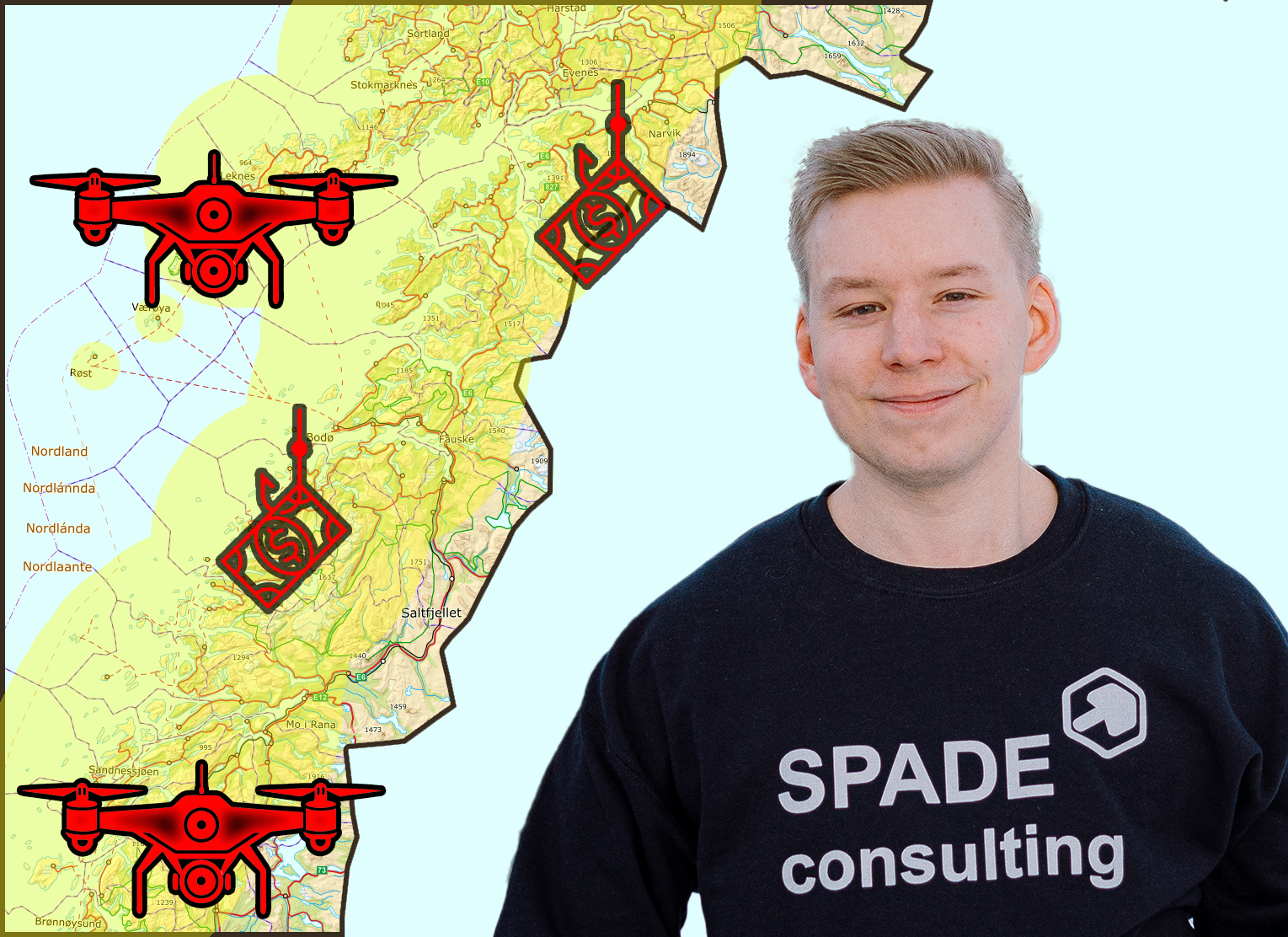 Digital værmelding - illustrasjon med kart over Nordland og digitale trusler